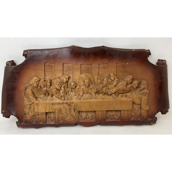 Hand Carved Wooden Last Supper 3D Sculpture Wall Plaque Art Work Religious Wood - Picture 1 of 8